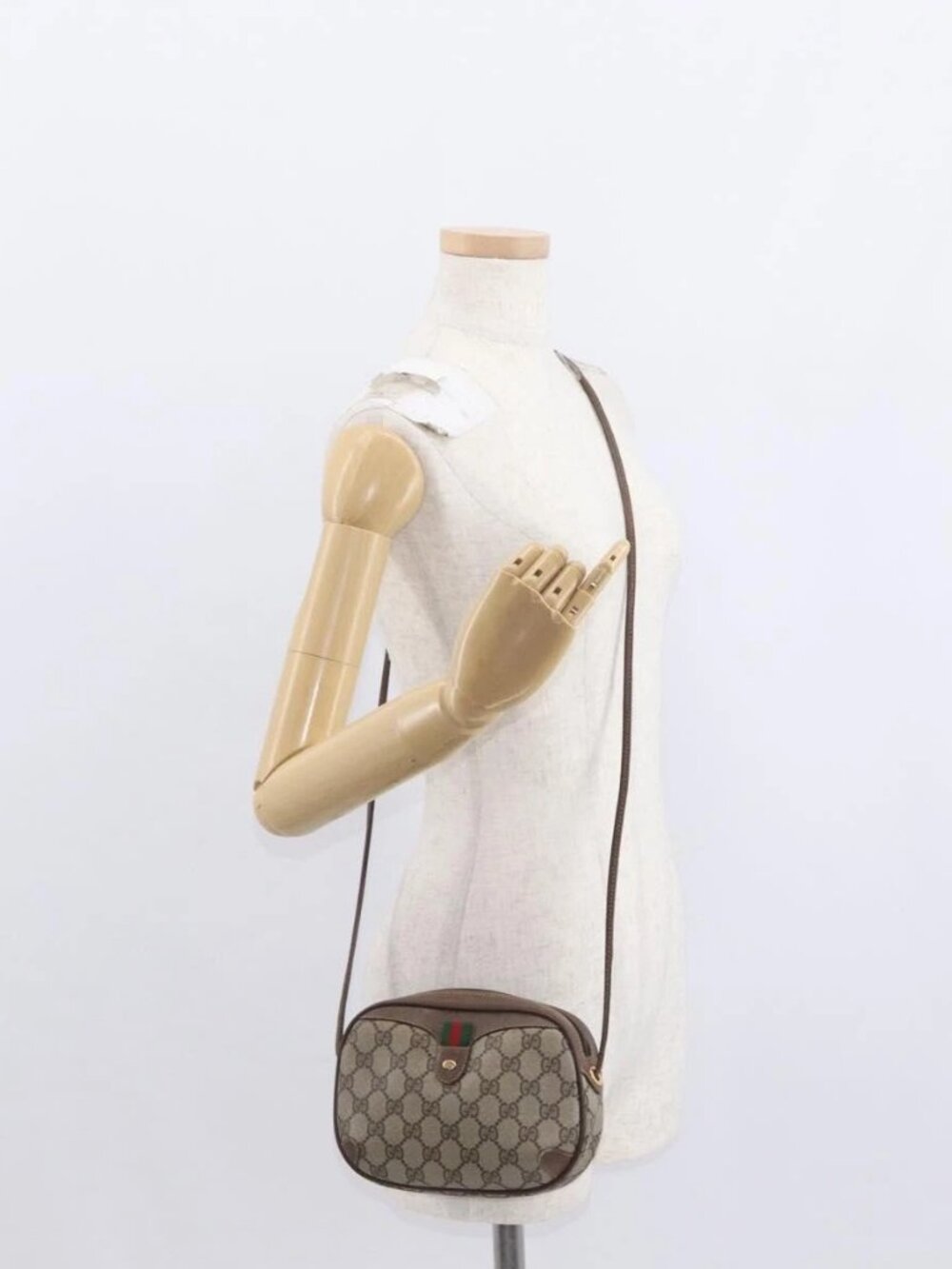 GUCCI GG Supreme Web Sherry Line Bag PVC Beige Gold 156 02 066 Auth BA9285